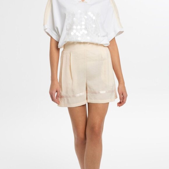 Satin Shorts With Elastic Back And Embroidered Piping Details in Ecru - Picture 5 of 5